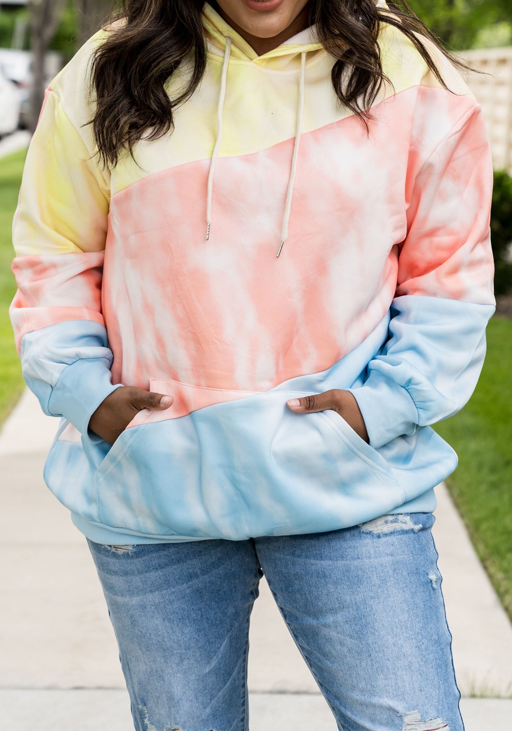 Plus Size Sky Blue Colorblock Hoodie with Kangaroo Pocket