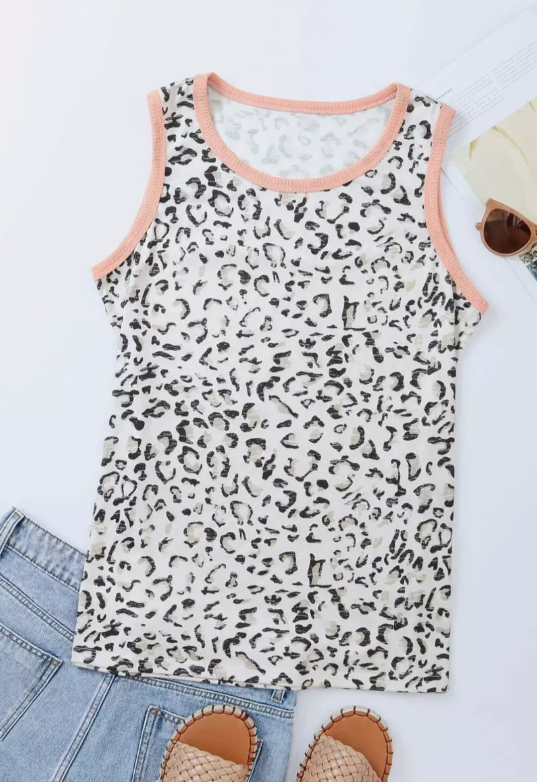 Leopard Fuzzy Print Contrast Trim Tank Top