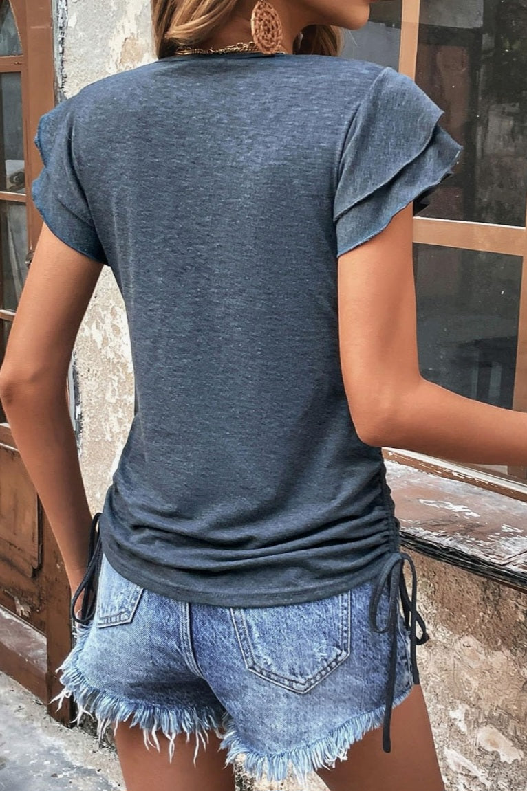 Gray Ruffle Short Sleeves V Neck Drawstring Top