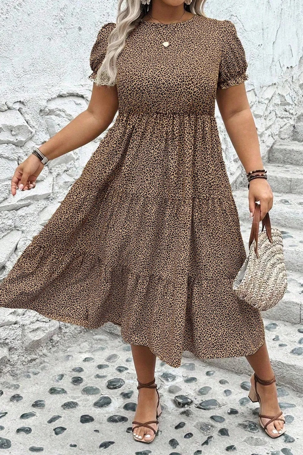 Brown Plus Size Leopard Print Frill Trim Short Sleeve Flared Dress
