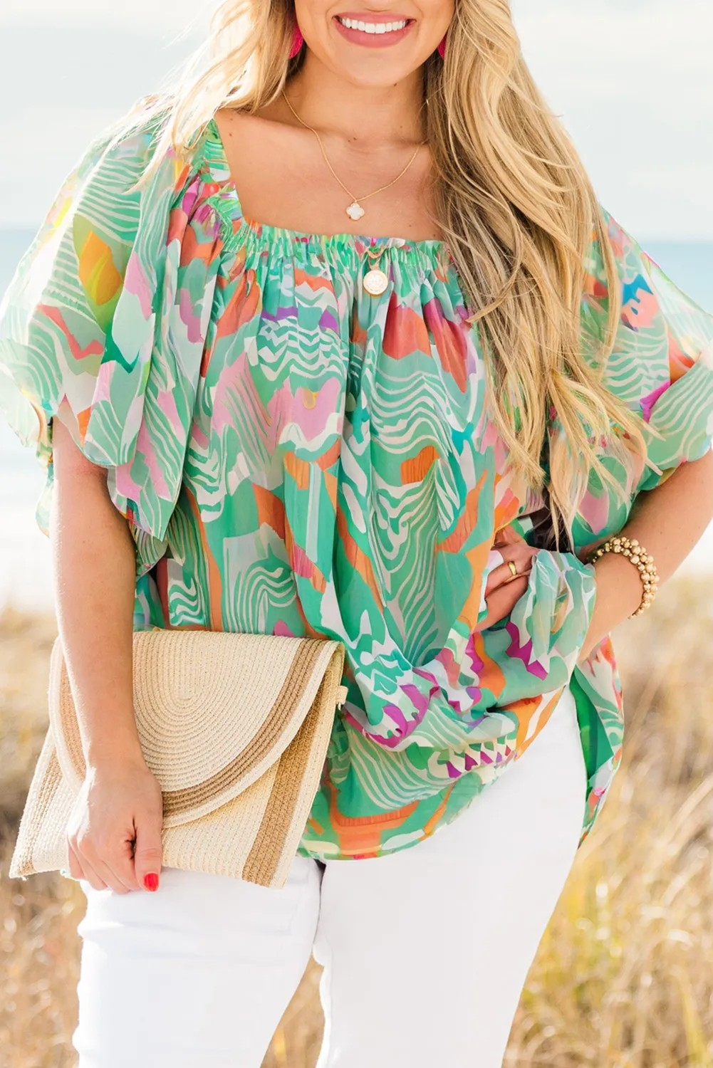 Green Boho Puff Sleeve Blouse - Plus