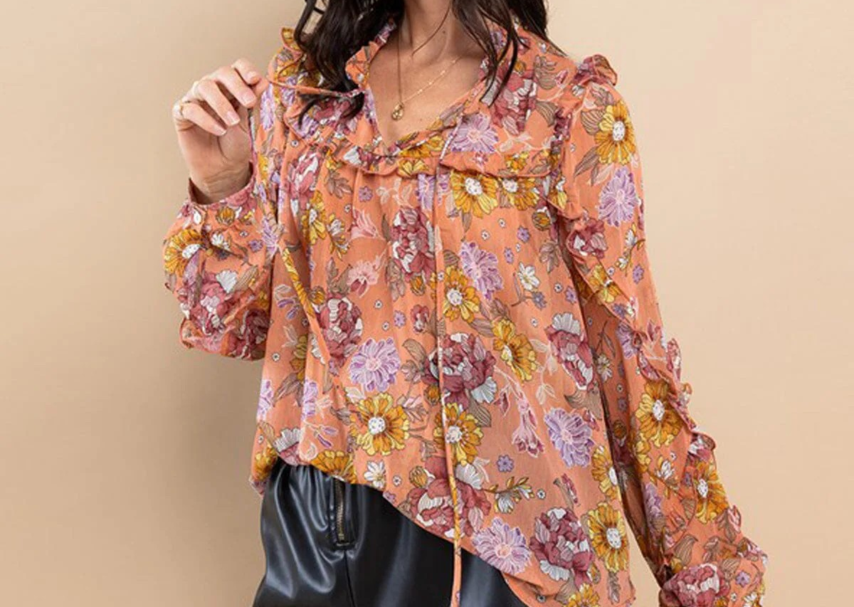 WOMEN'S LONG SLEEVE NECK-TIE RUFFLE FLORAL BLOUSE TOP