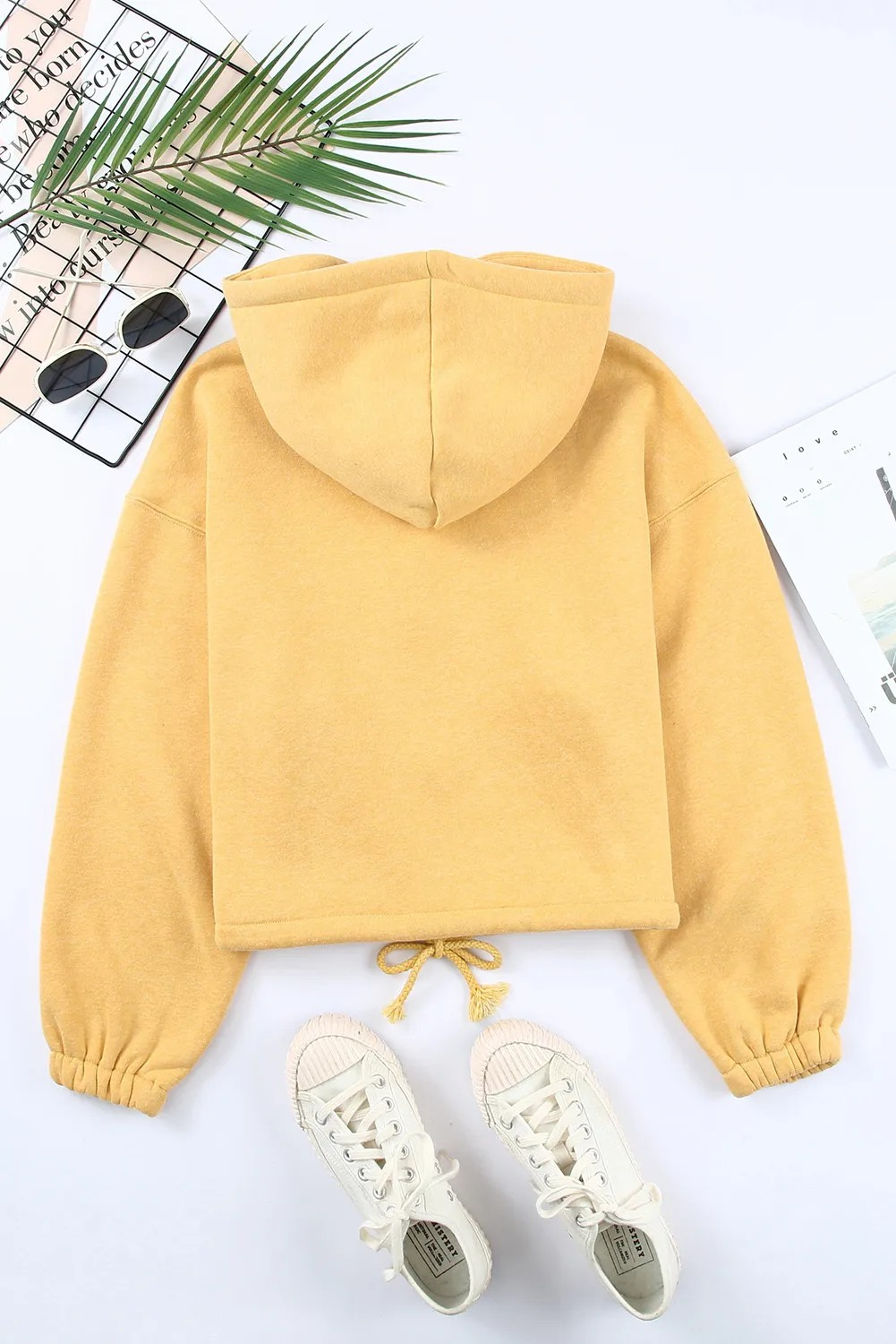 Yellow Cropped Zip-Up Hoodie with Drawstring Cinch