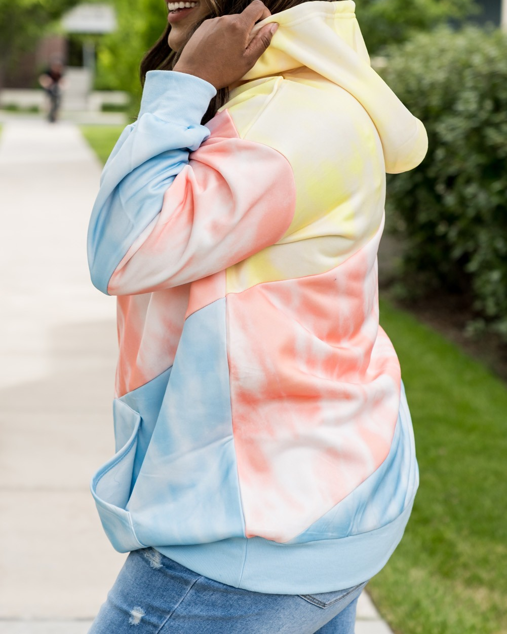 Plus Size Sky Blue Colorblock Hoodie with Kangaroo Pocket
