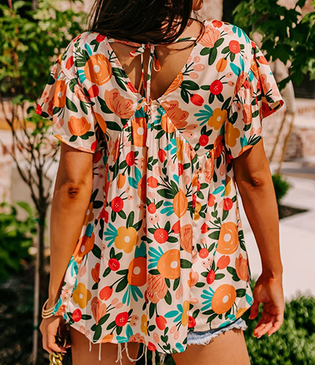 Apricot Floral Print Short Sleeve V Neck Tied Back Blouse