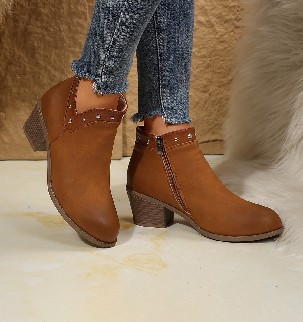 Chestnut Studded Faux Leather Chunky Heel Ankle Boots