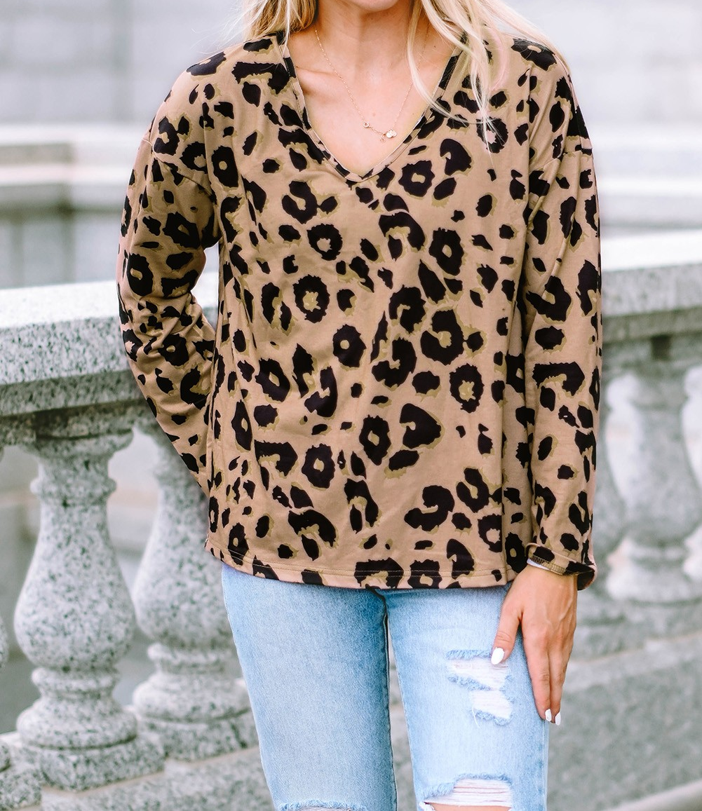 Leopard Split Joint V Neck Long Sleeve Top