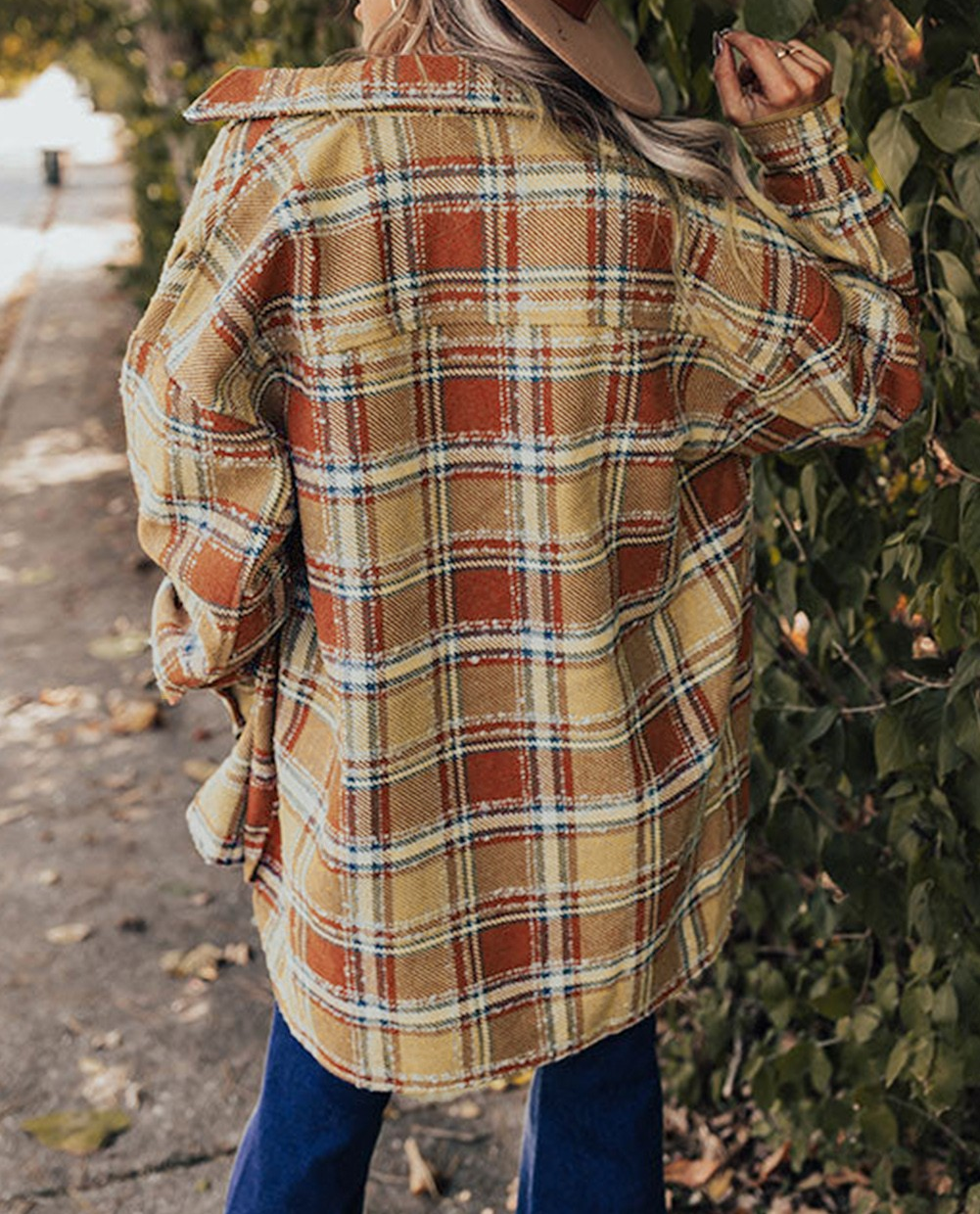 Fiery Red Oversized Flap Pockets Plaid Shacket with Slits