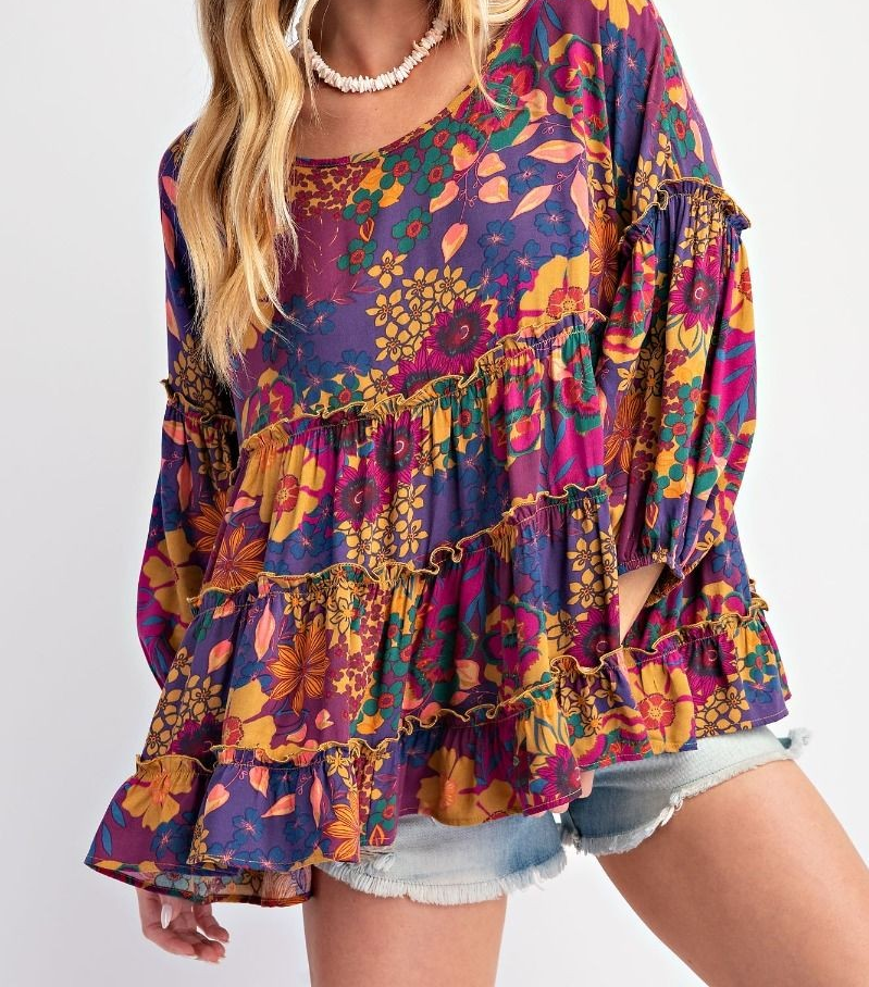 PRINTED RAYON CHALLIS RUFFLED BABYDOLL