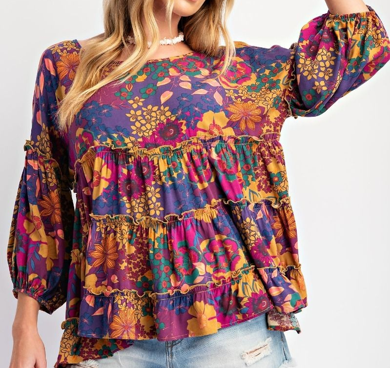 PRINTED RAYON CHALLIS RUFFLED BABYDOLL