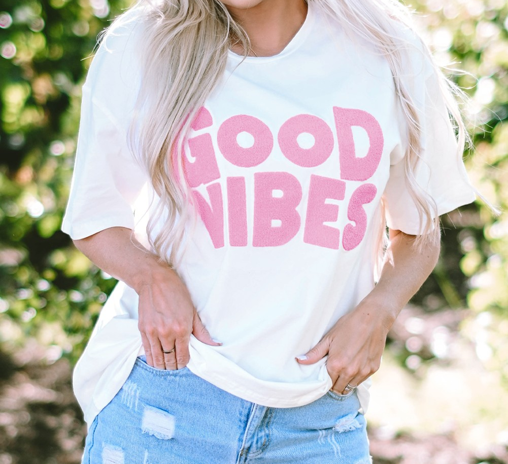 White GOOD VIBES Chenille Embroidered Crewneck T Shirt