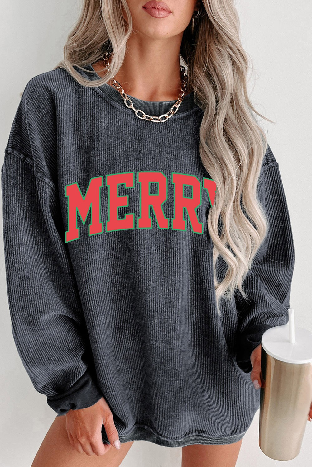 Gray MERRY Graphic Pullover Sweatshirt