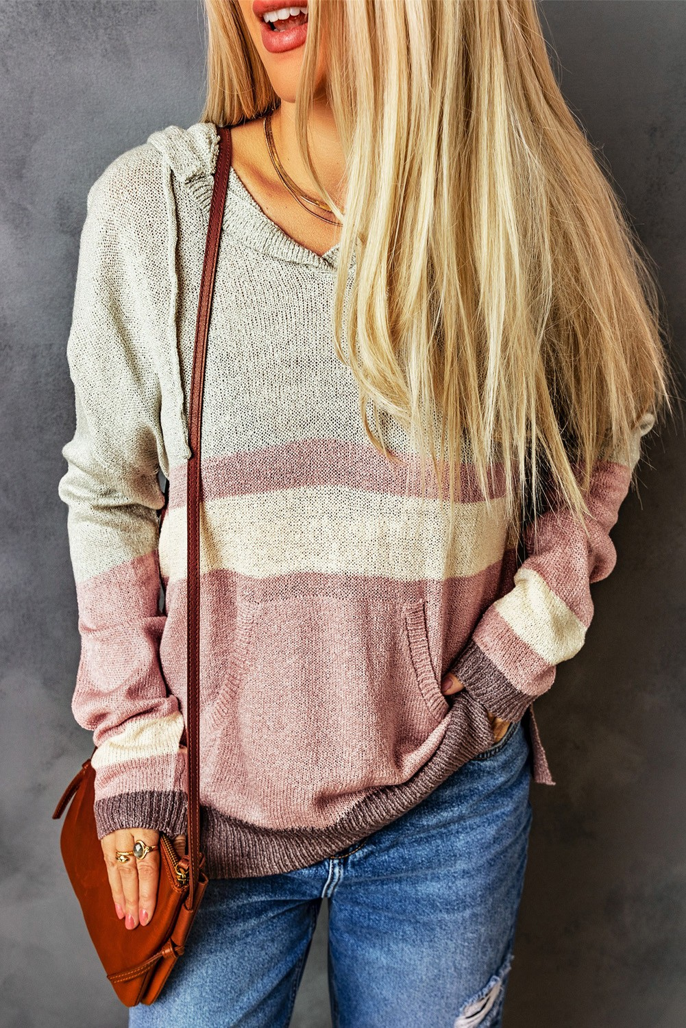 Color Block Knit Hooded Sweater with Kangaroo Pocket
