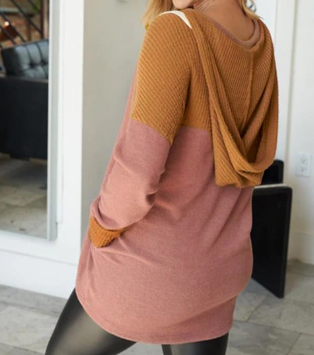 Brown Waffle Knit Patchwork Drawstring V Neck Hoodie