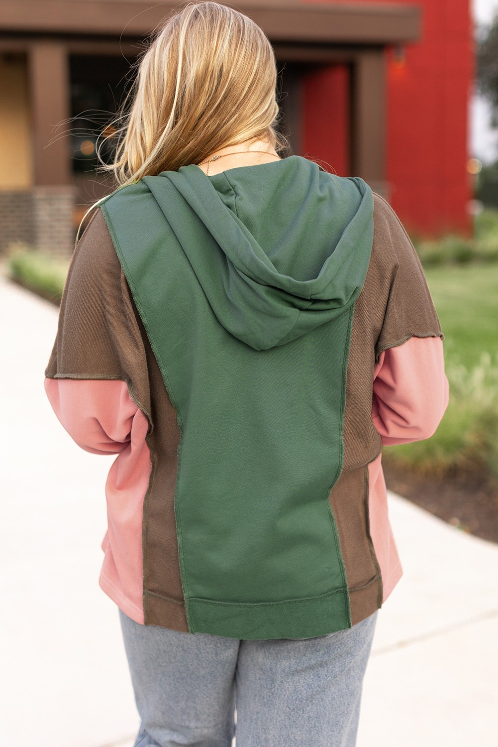 Plus Size Green Colorblock Patchwork V-Neck Hoodie