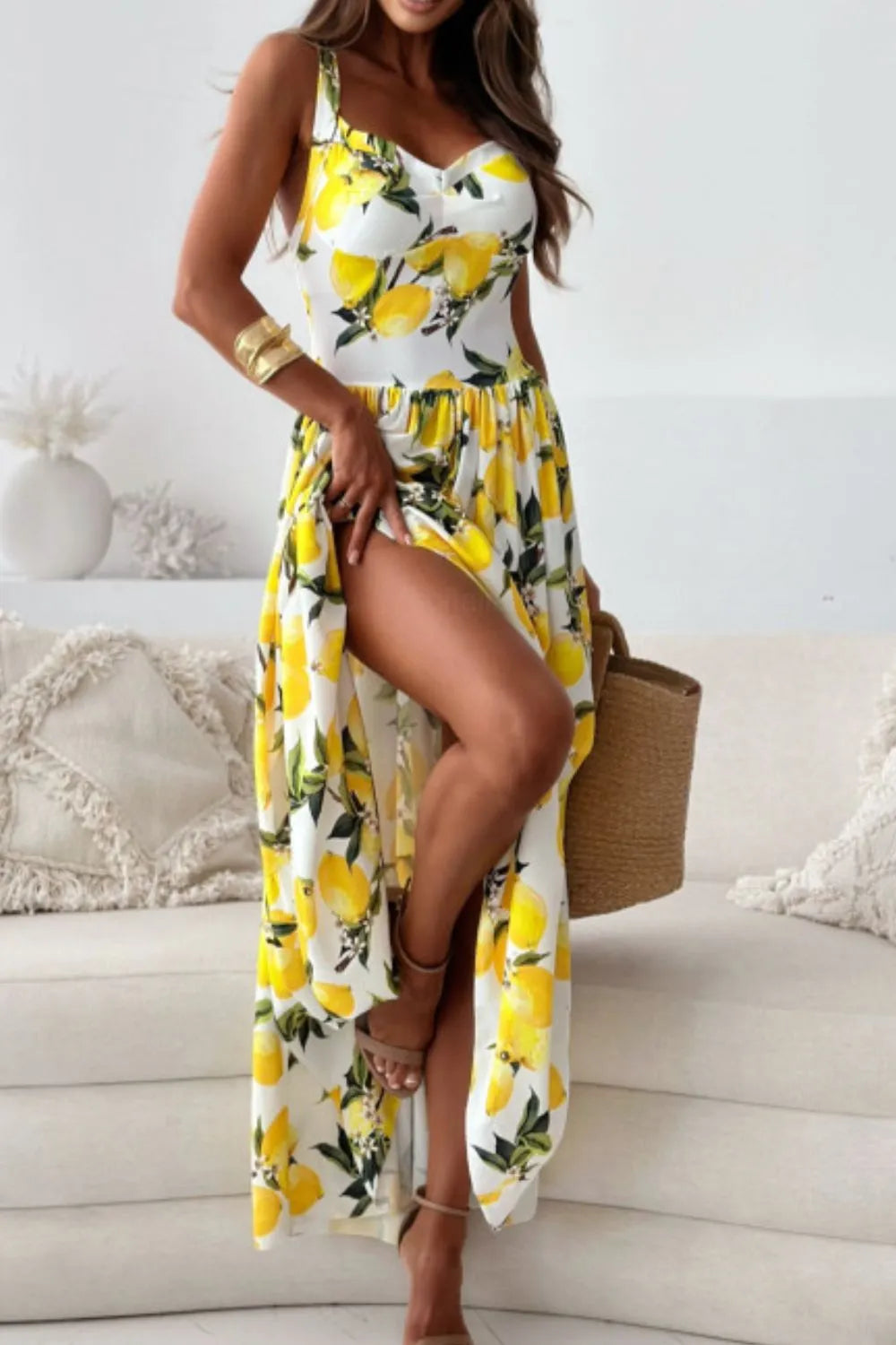 Lemon Print Sweetheart Maxi Dress