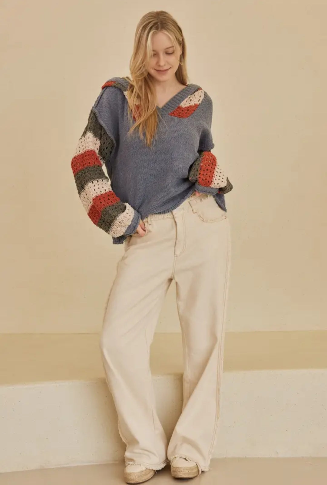 Hooded Stripe Crochet Detailed Sweater