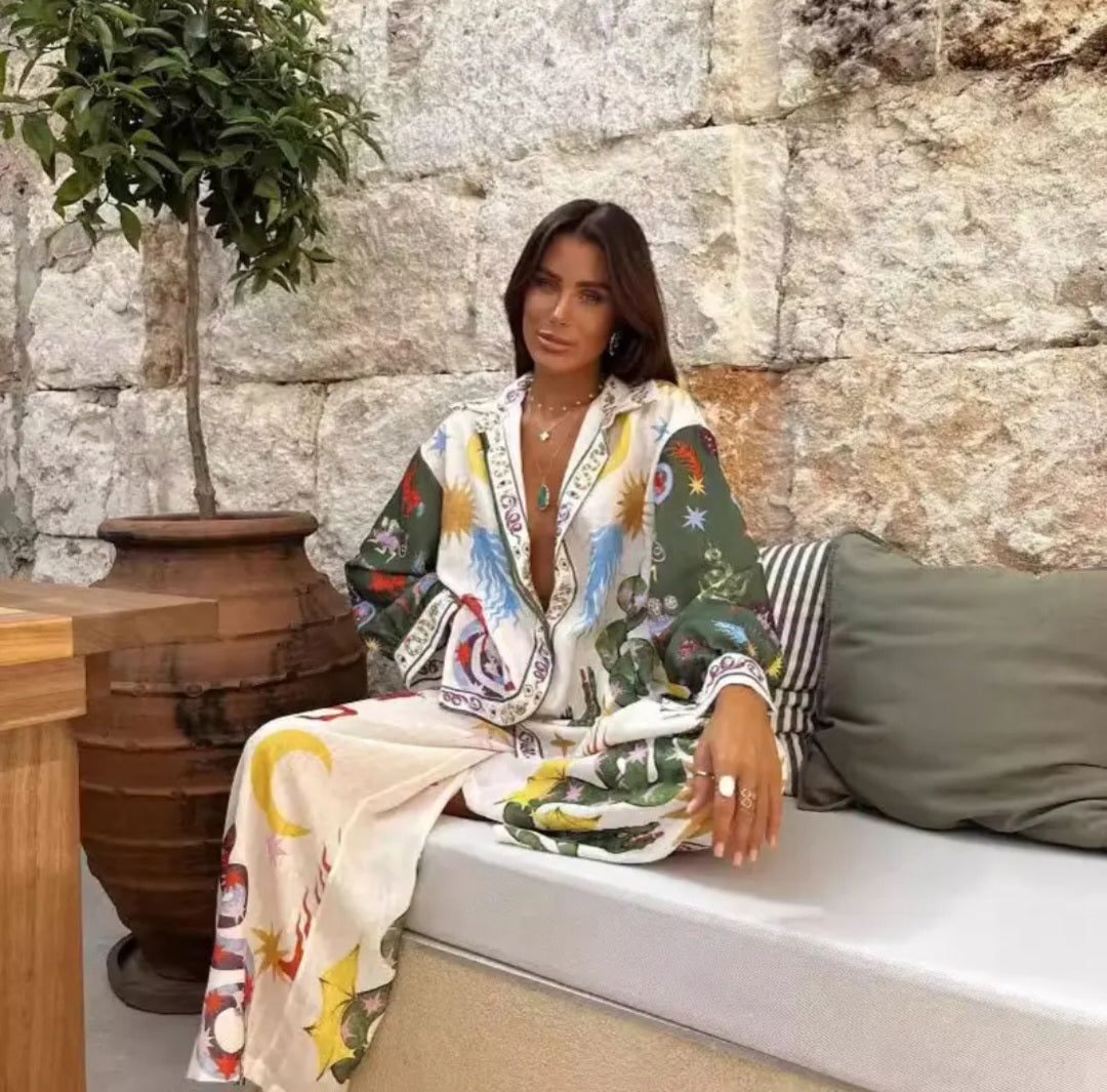 Macaron Print Linen Two-Piece Set