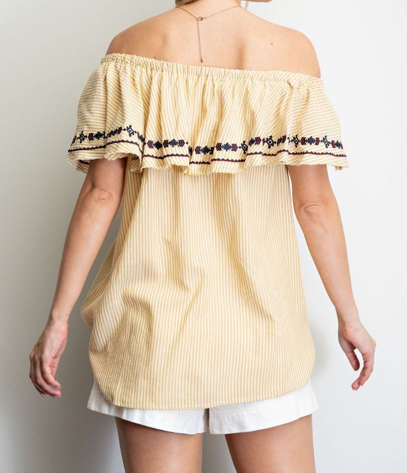 CLAIR STRIPE EMBROIDERED OFF SHOULDER WOVEN TOP
