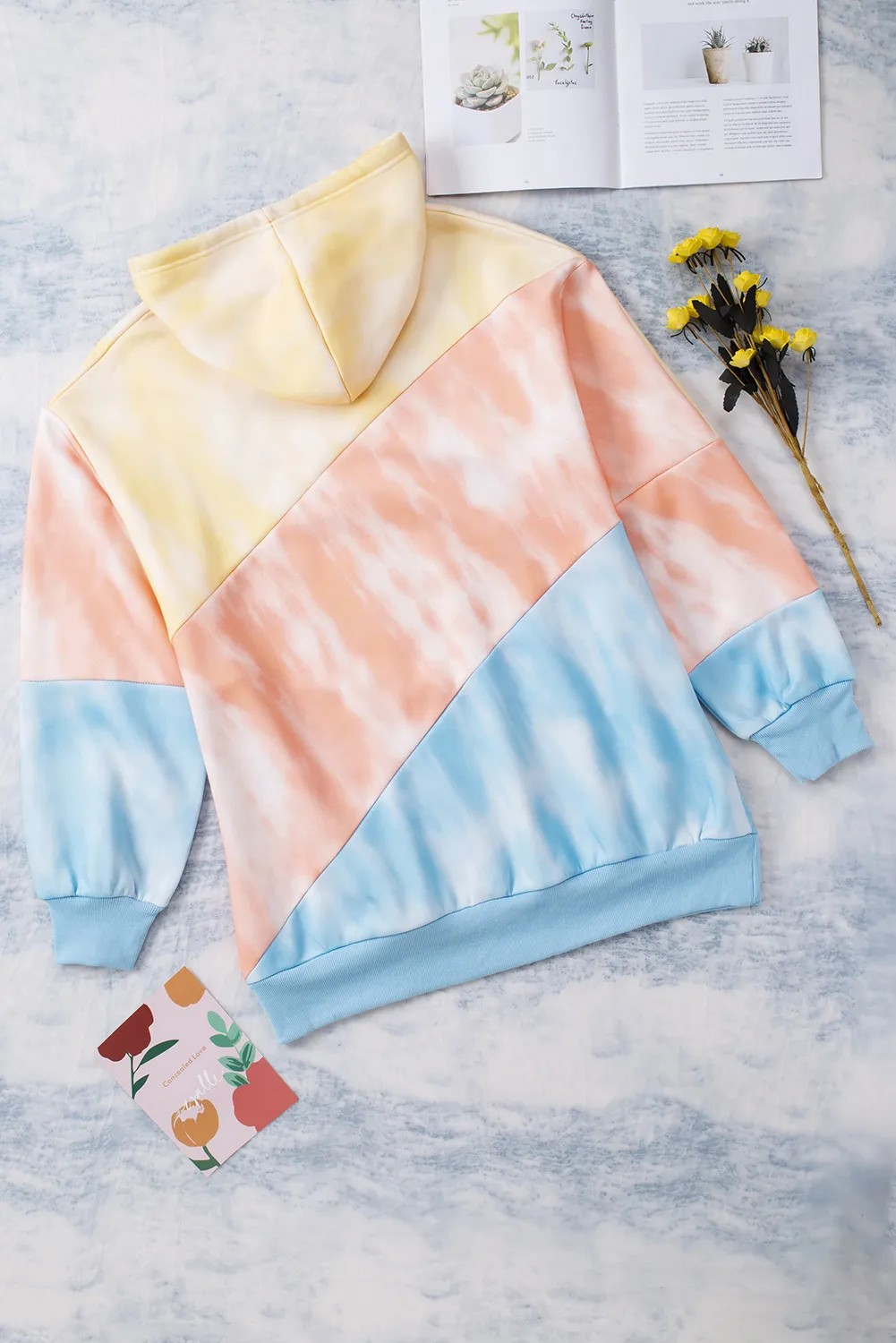 Plus Size Sky Blue Colorblock Hoodie with Kangaroo Pocket