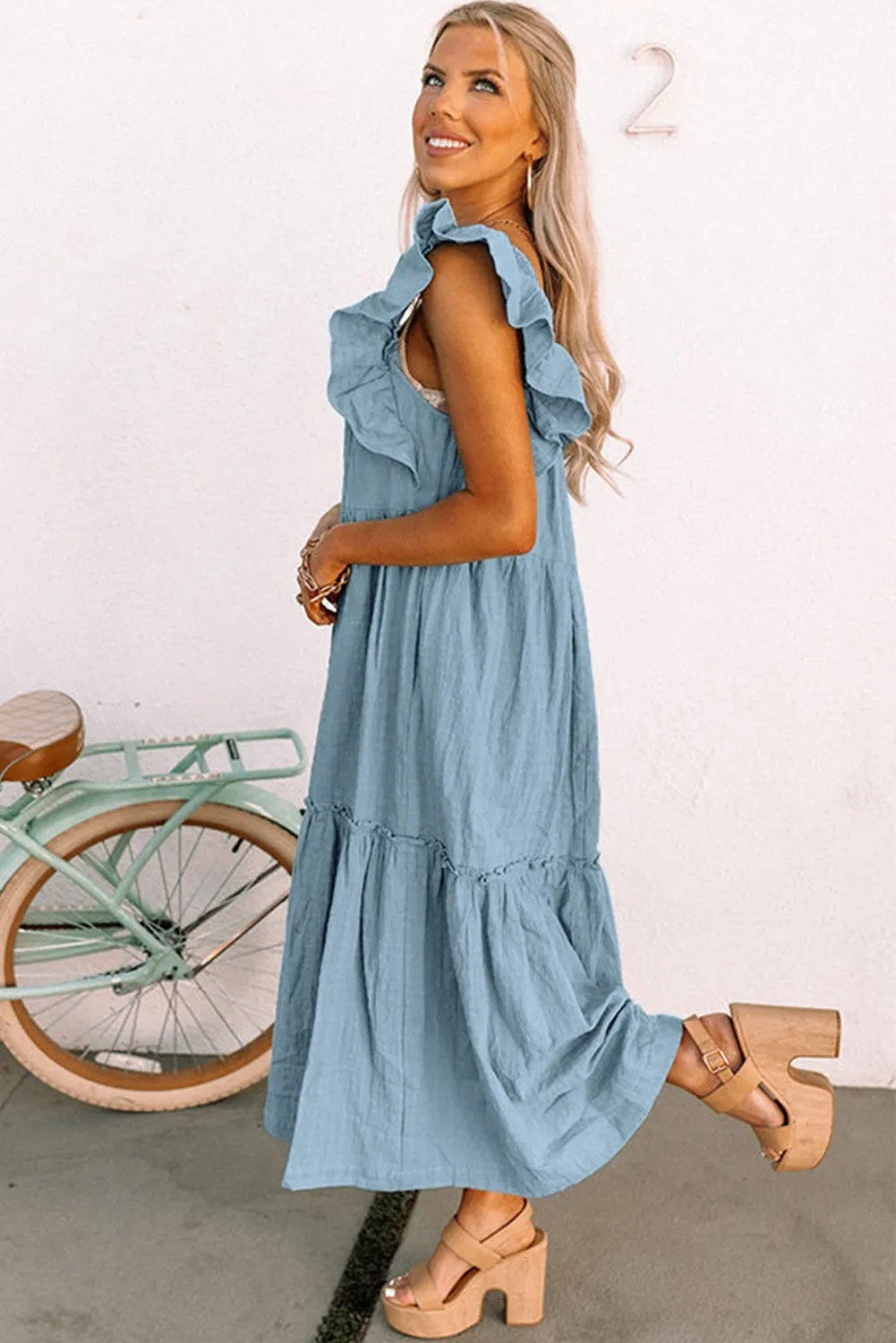 Sky Blue Ruffled Flutter Sleeve Square Neck Textured Tiered Maxi Dress