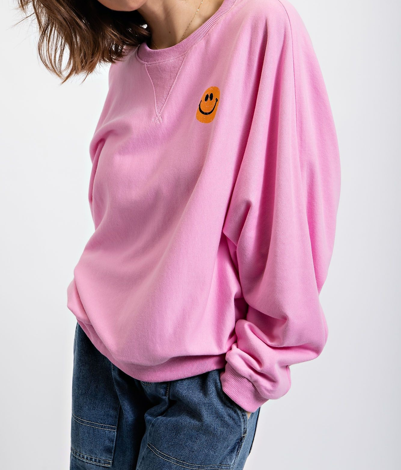 DOLMAN SLEEVES HAPPY FACE PRINTED TERRY PULLOVER