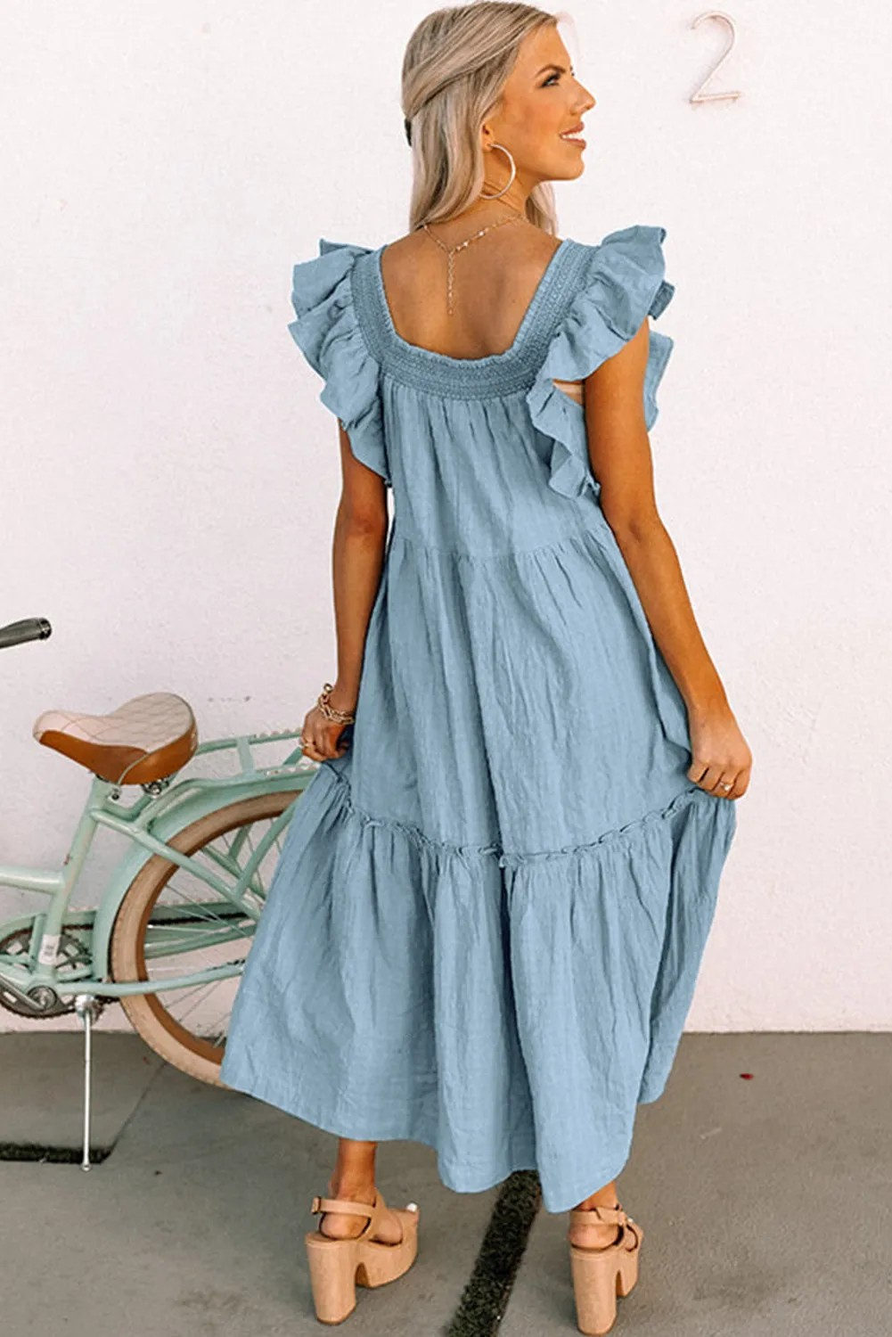 Sky Blue Ruffled Flutter Sleeve Square Neck Textured Tiered Maxi Dress