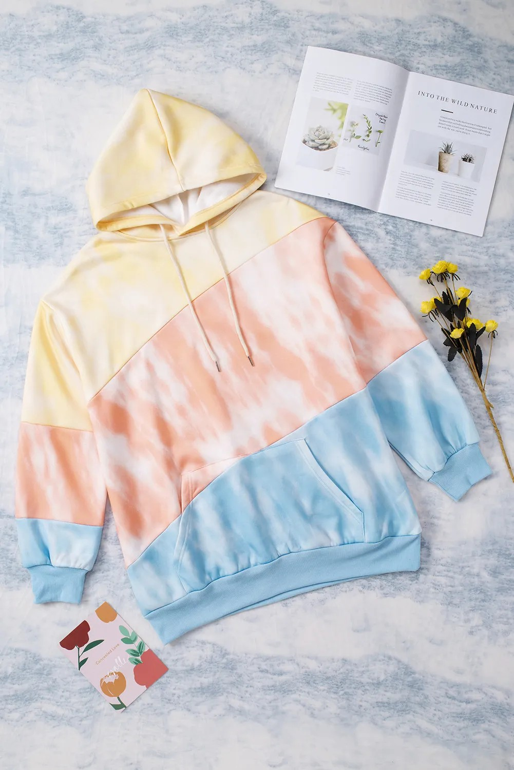 Plus Size Sky Blue Colorblock Hoodie with Kangaroo Pocket