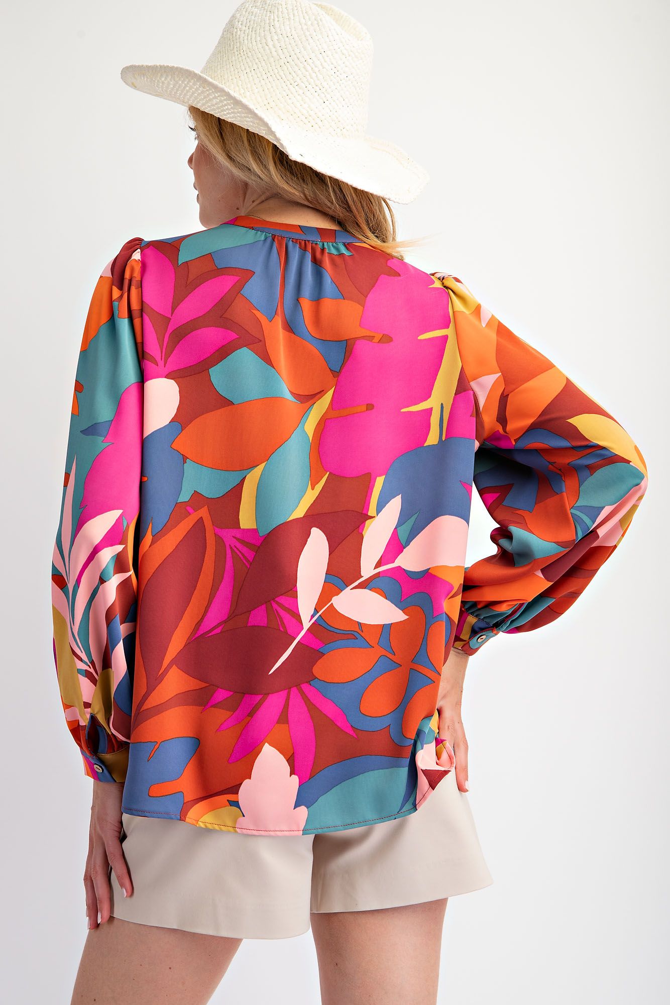 Abstract Leaf Print Pleated Button Down Top