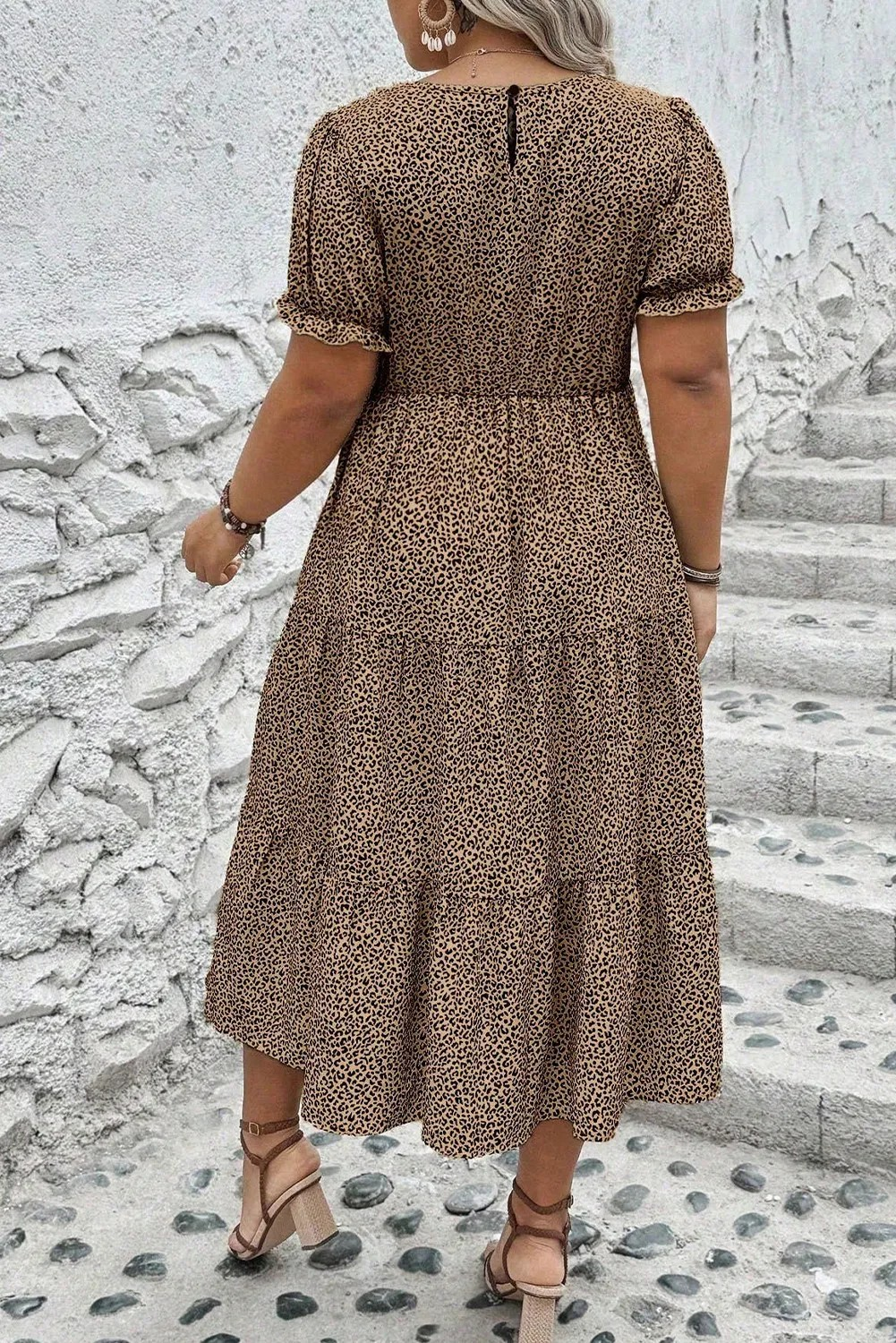 Brown Plus Size Leopard Print Frill Trim Short Sleeve Flared Dress