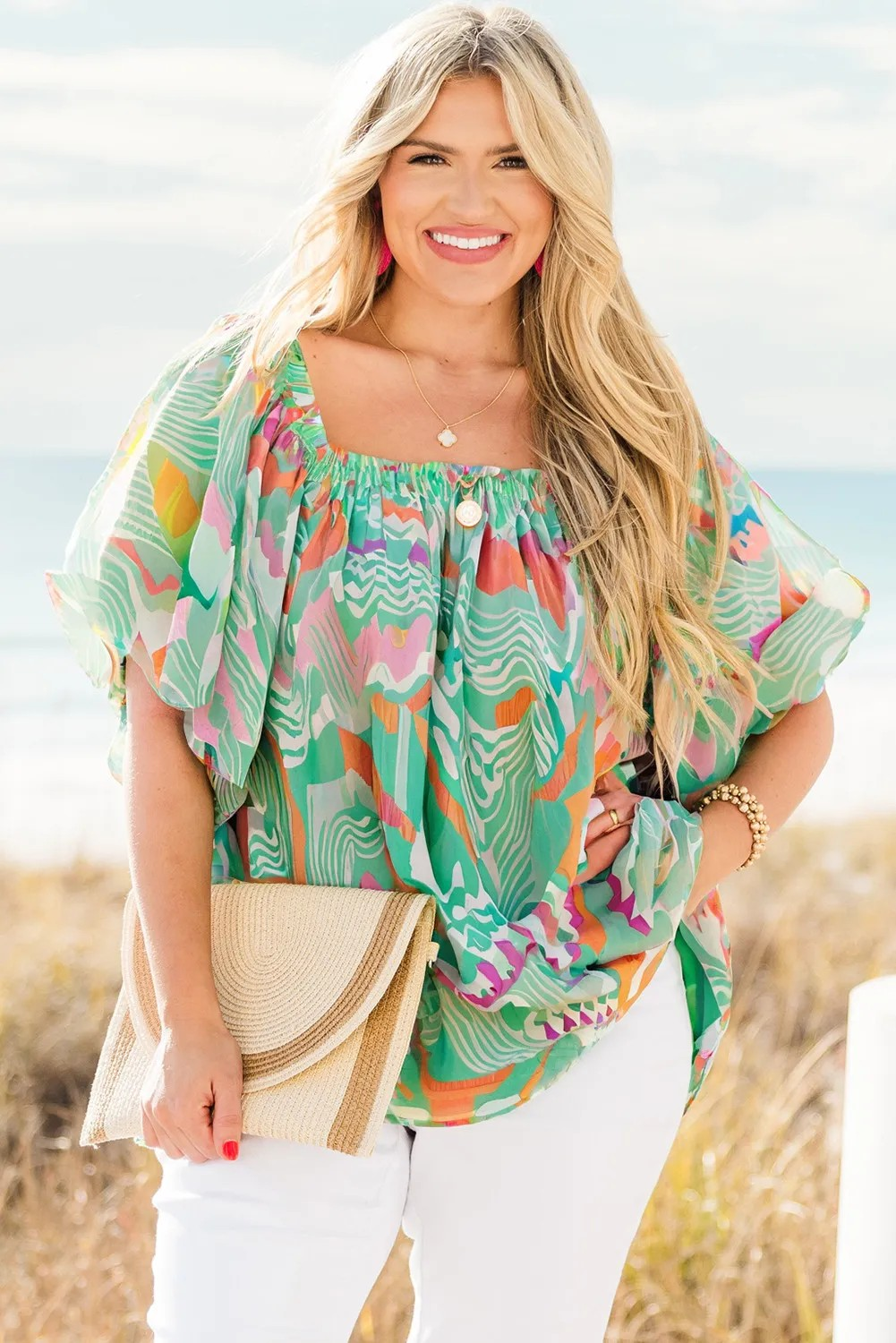 Green Boho Puff Sleeve Blouse - Plus