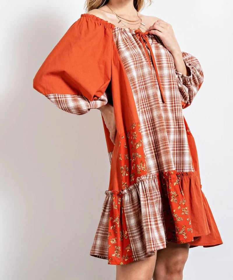 Plus Size Plaid & Floral Tie-Front Mini Dress