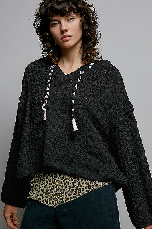 POL Textured Knit Hooded Pullover Sweater