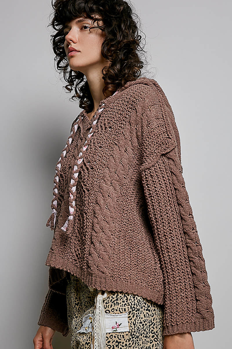 POL Textured Knit Hooded Pullover Sweater