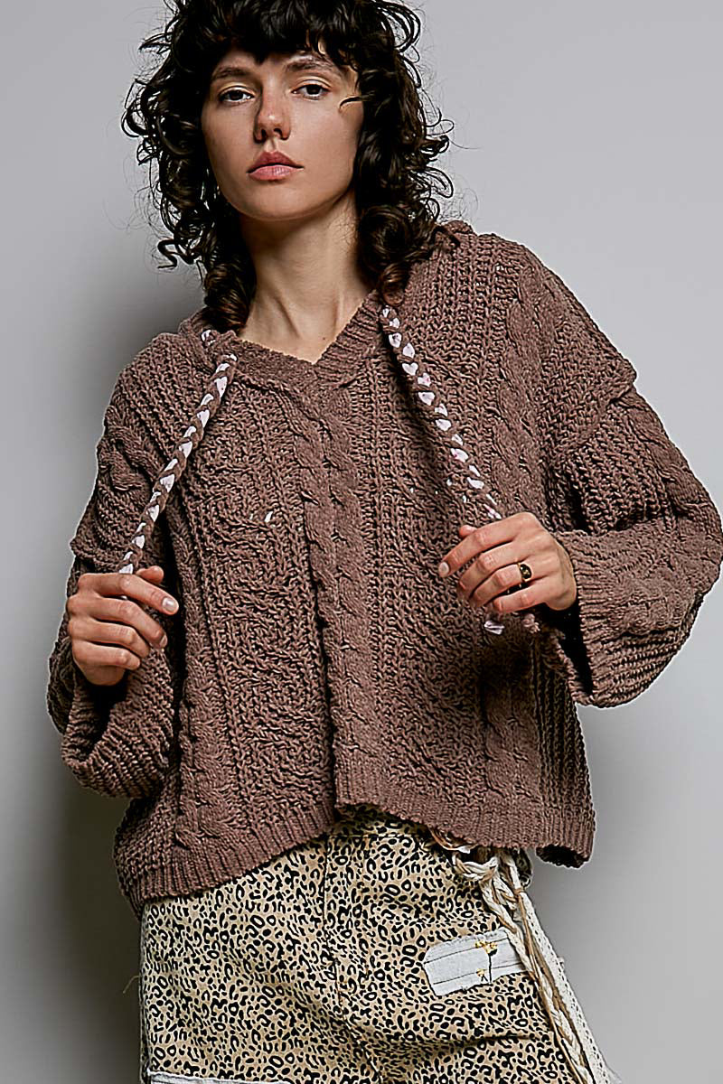 POL Textured Knit Hooded Pullover Sweater