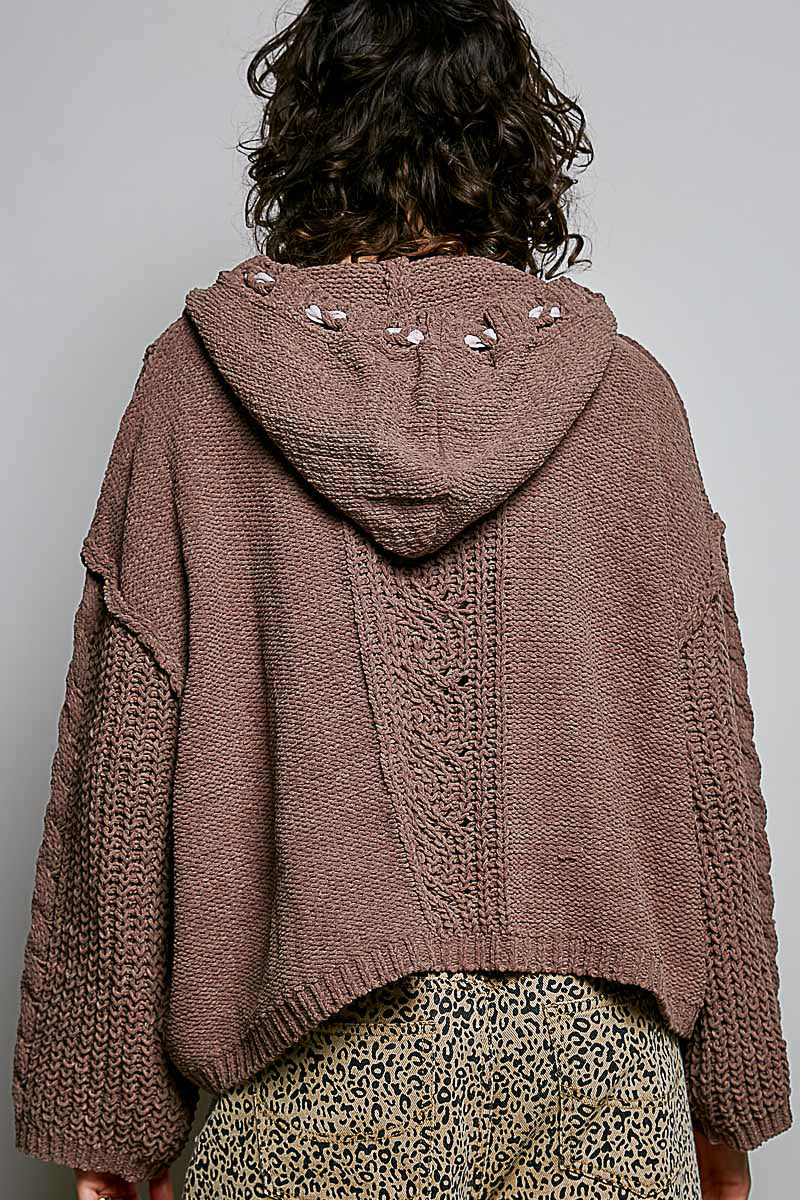 POL Textured Knit Hooded Pullover Sweater