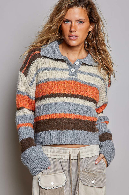 POL Multi Stripe Collared Knit Sweater