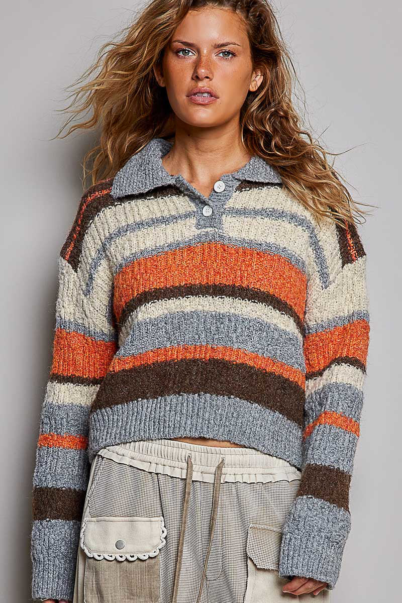 POL Multi Stripe Collared Knit Sweater