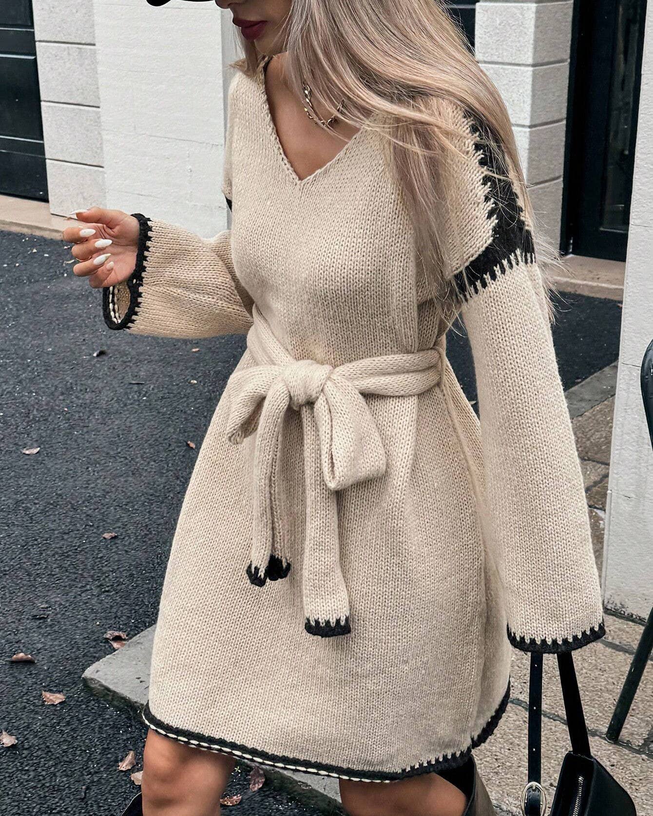 Lazy Style Tie V-Neck Long-Sleeve Knitted Dress
