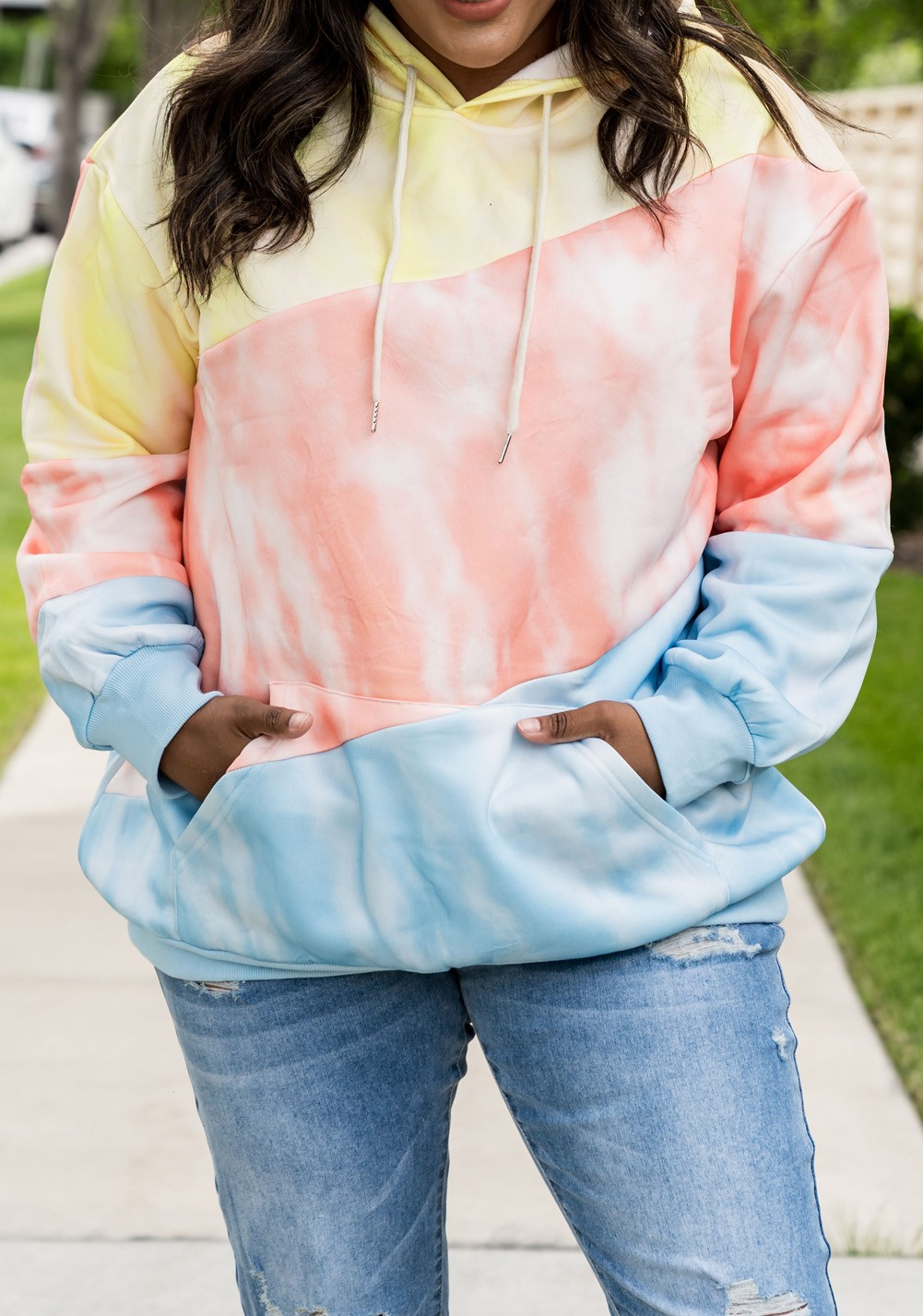 Sky Blue Colorblock Kangaroo Pocket Plus Size Hoodie