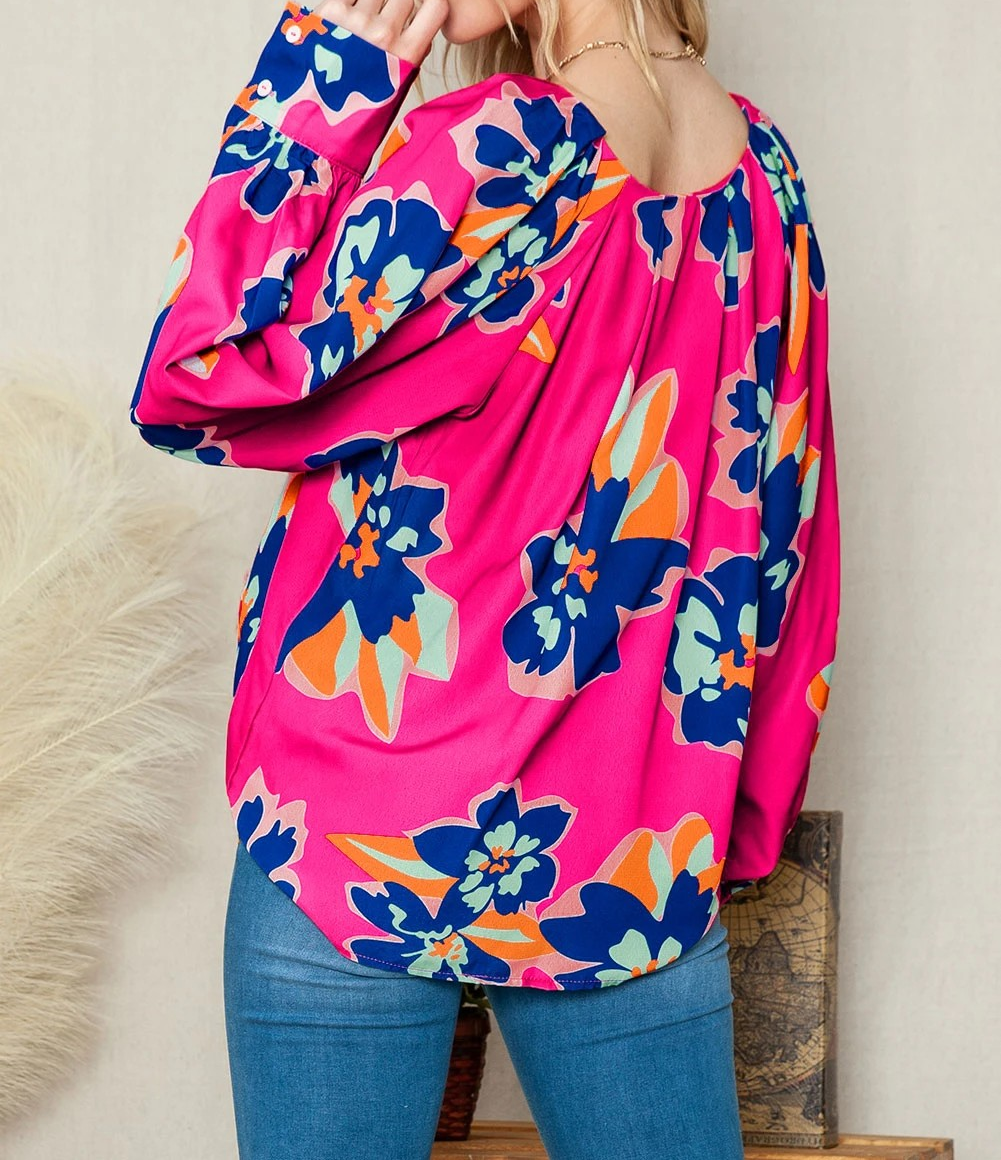 Rose Floral Print V Neck Puff Sleeve Blouse