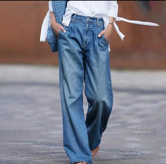 Solid Color High Waisted Wide Leg Loose Fit Jeans