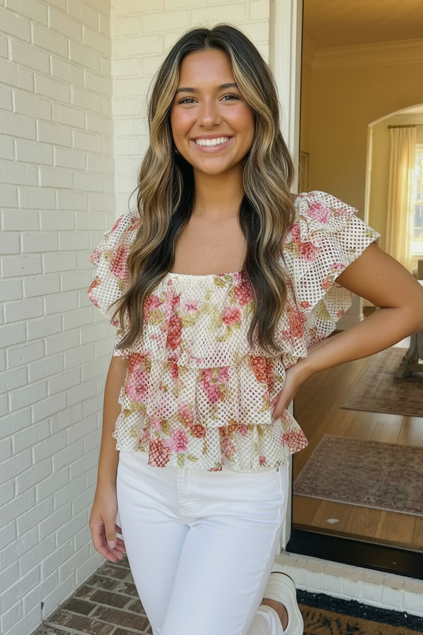 Rosy Garden Mesh Ruffle Top
