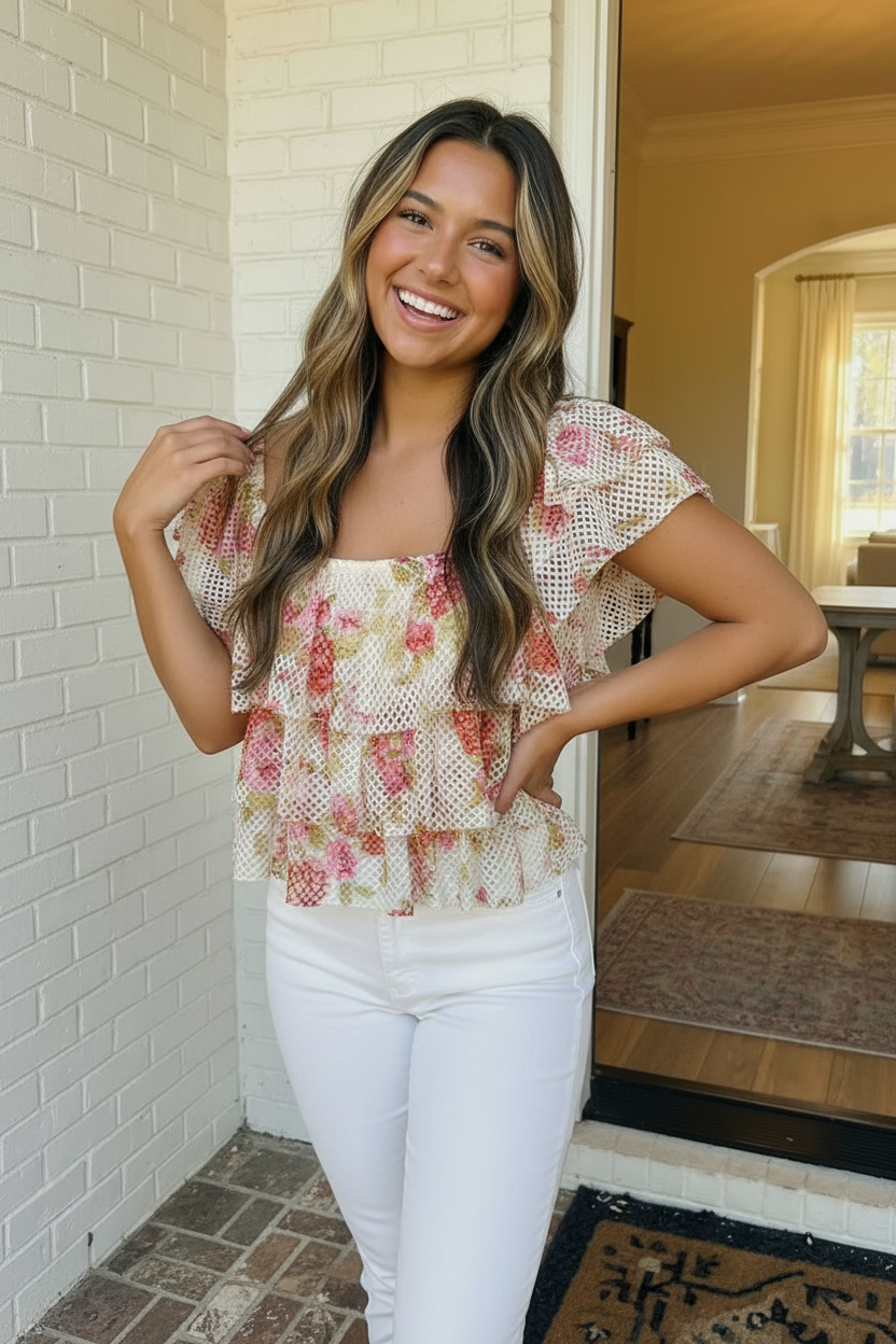 Rosy Garden Mesh Ruffle Top