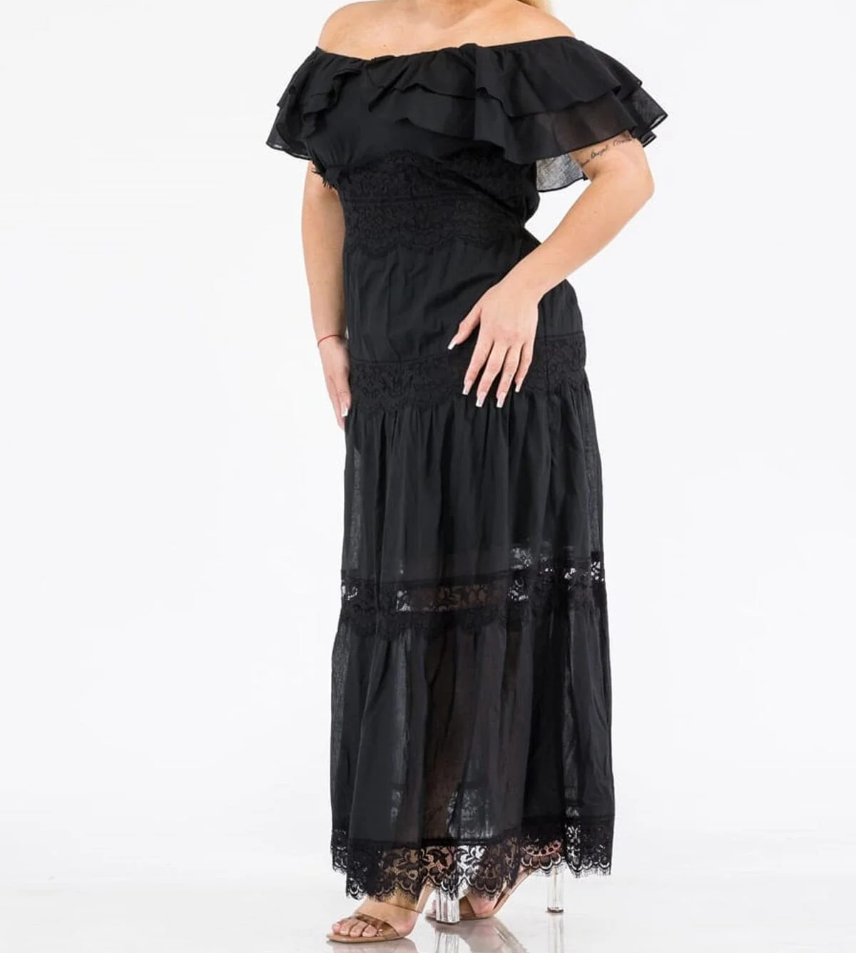 PLUS SIZE OFF SHOULDER RUFFLE LACE TIERED MAXI DRESS