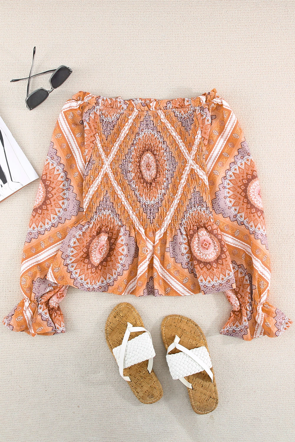 Orange Paisley Print Smocked Off Shoulder Top