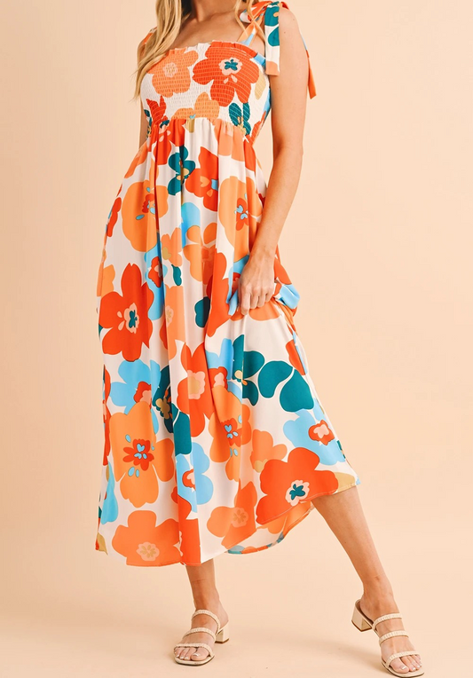 Orange 60s Floral Printed Shoulder Tie Smocked Maxi Dress