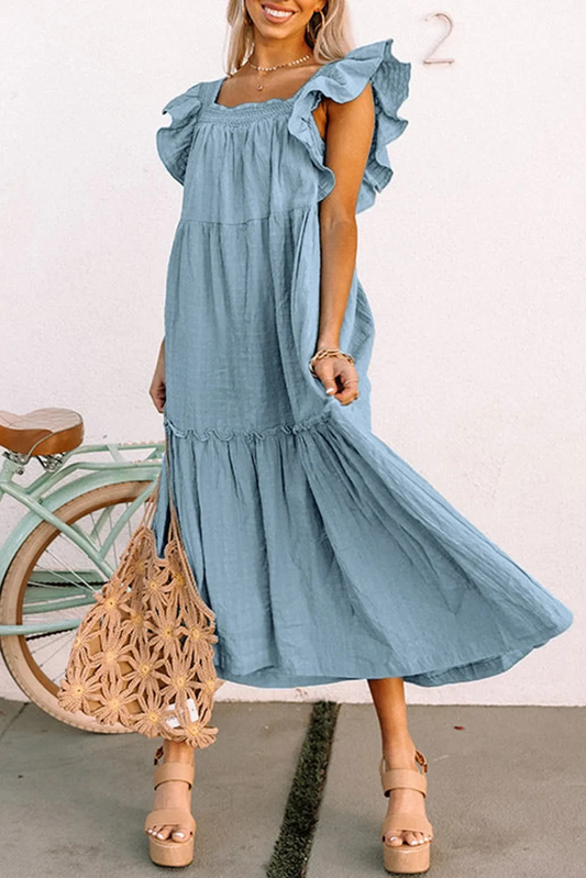 Sky Blue Ruffled Flutter Sleeve Square Neck Textured Tiered Maxi Dress