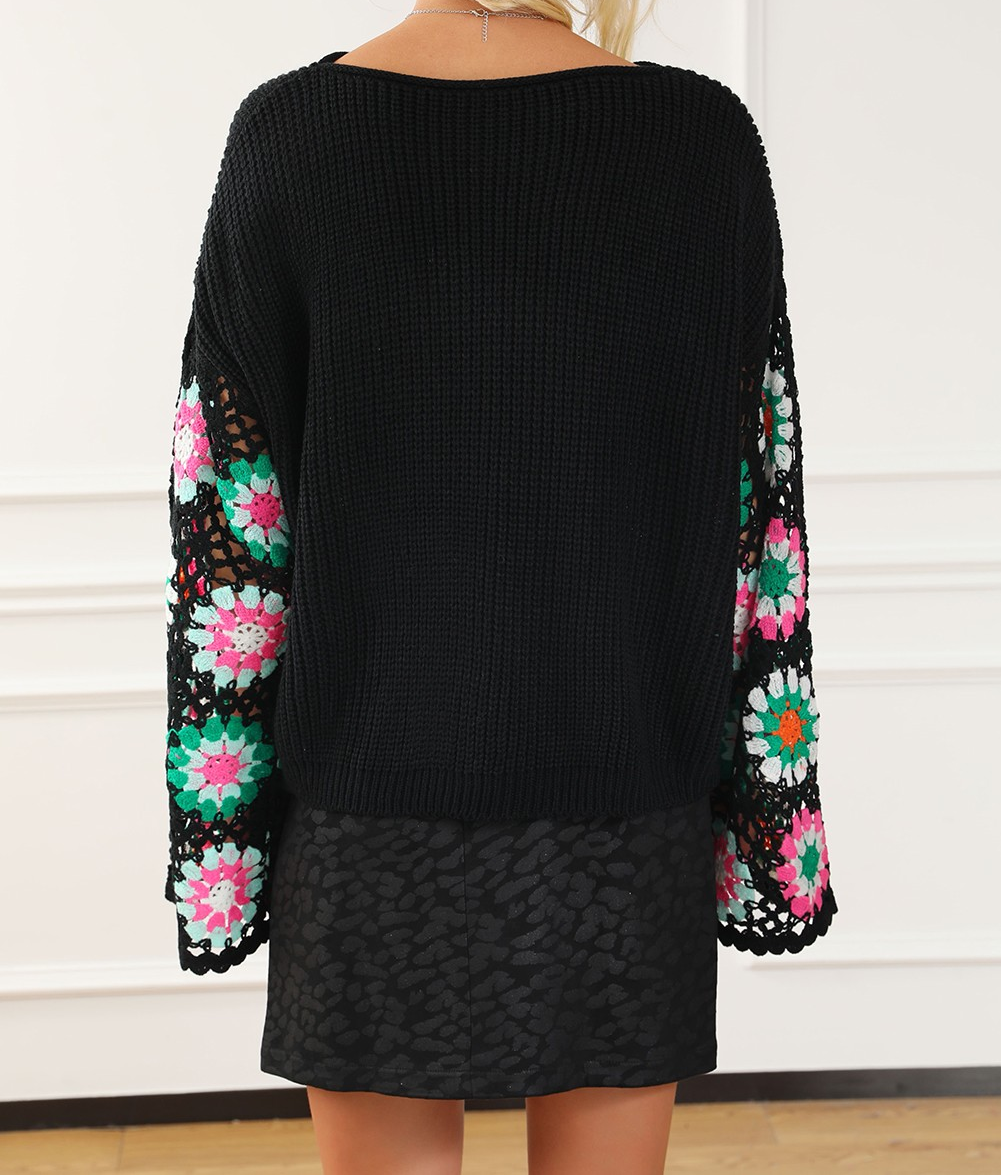 Black Floral Crochet Bell Sleeve Loose Sweater