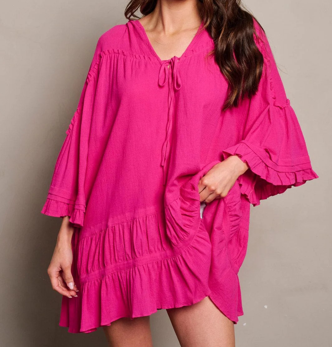 WOMEN'S 3/4 RUFFLE SLEEVE V-NECK TIERED HOODED TUNIC TOP